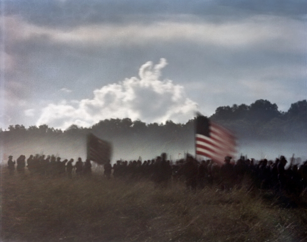 Union troops enter the fray during a reenactment of the Battle of Gettysburg. 2013