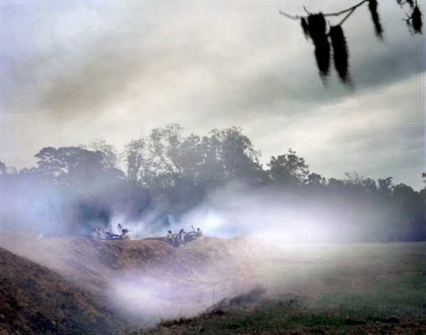 Cannon smoke fills the moat and parapet of Fort Wagner during a reenactment at Boone Plantation, SC 2013